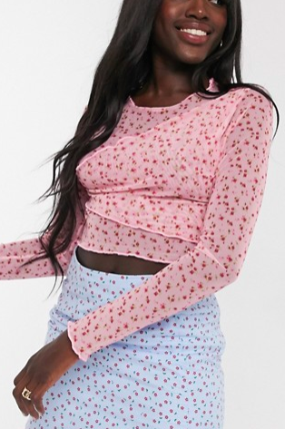 Daisy Street long sleeve top in ditsy floral mesh