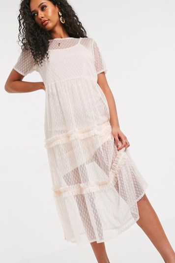 Boohoo dobby mesh layered midi dress in beige