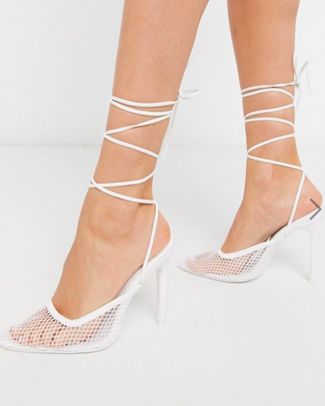 Public Desire Fiesty mesh ankle tie heeled shoe in white