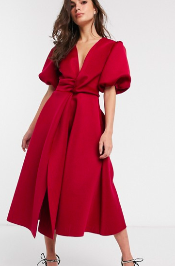 ASOS DESIGN bubble sleeve twist detail midi prom dress in deep red