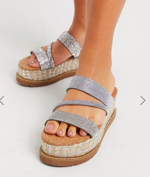 ASOS DESIGN Tami rhinestone flatform sandals in silver