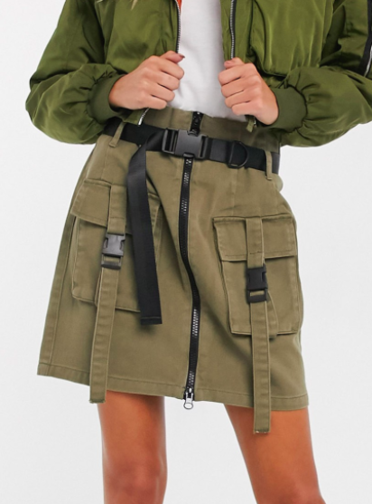 Pieces cargo skirt with buckle details in khaki