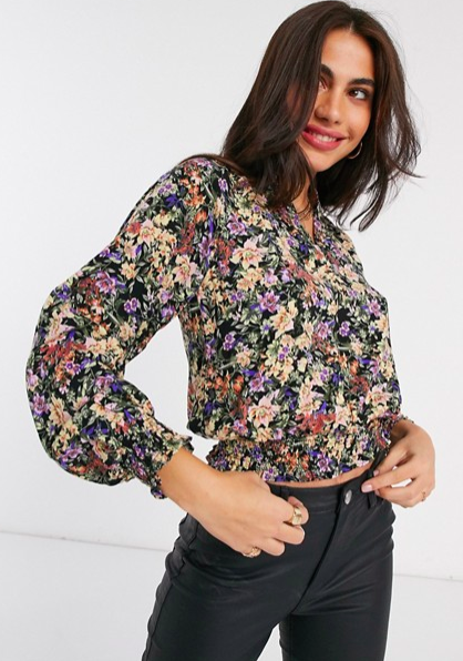 Y.A.S wrap crop top with shirred waist in black floral