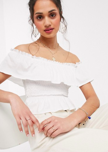 Miss Selfridge shirred bardot top in white