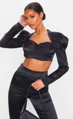 PLT BLACK METALLIC SATIN PUFF SLEEVE CROPPED BLOUSE