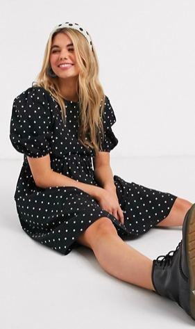 Monki Melody cotton poplin polka dot smock dress in black