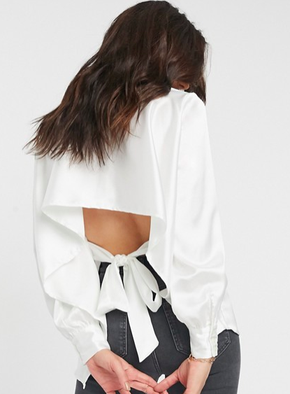 ASOS DESIGN long sleeve satin shirt with cut out back in ivory
