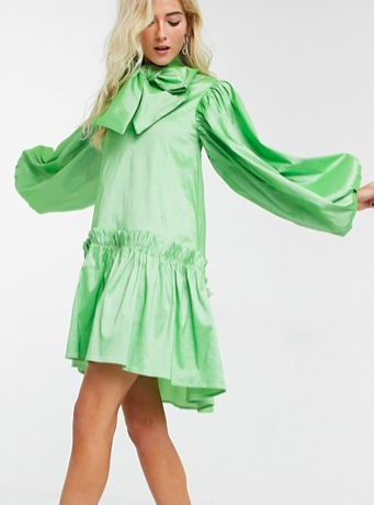 Sister Jane oversized mini smock dress with volume sleeves and bow in luxe satin