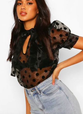 Boohoo Organza Pussy Bow Blouse With Flock Spot