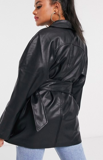 ASOS DESIGN belted leather look jacket in black