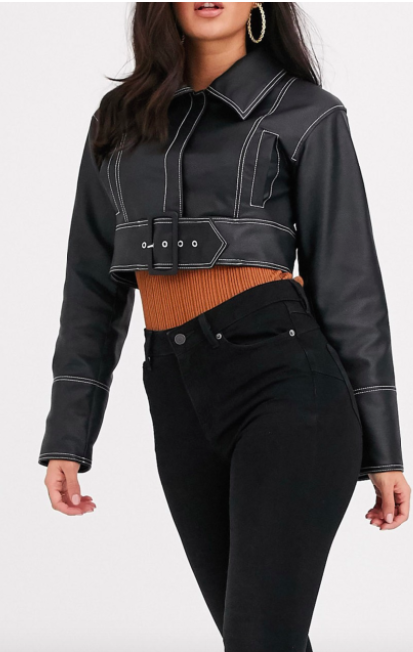 ASOS DESIGN leather look statement belt jacket in black
