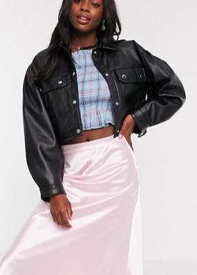 Pull&amp;Bear faux leather volume sleeve jacket in black