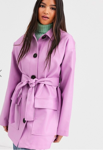 ASOS DESIGN button through leather look belted jacket in lilac