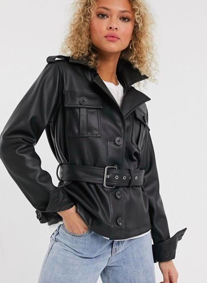 Urban Bliss faux leather jacket with belt in black