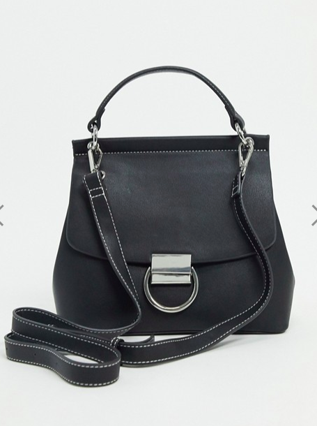 ASOS DESIGN satchel with ring hardware in black with contrast top stitch