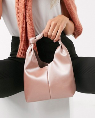 ASOS DESIGN mini clutch bag with knot strap in blush bonded satin