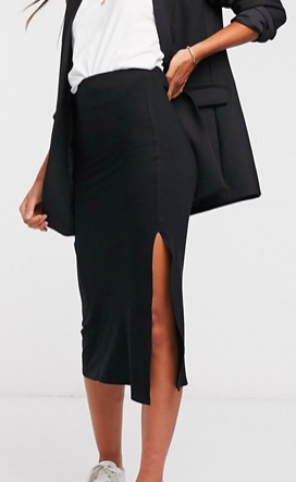ASOS DESIGN bias cut jersey midi slip skirt with split in black