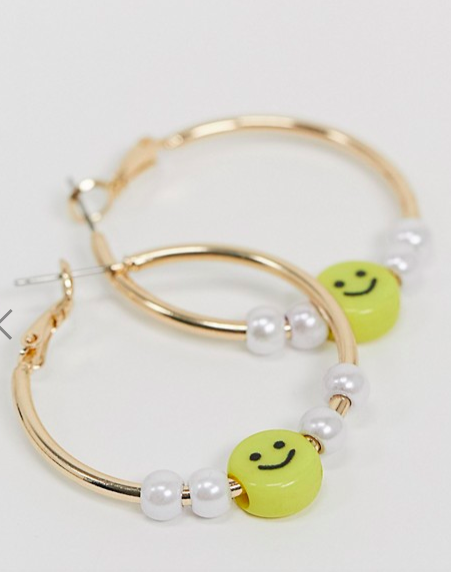 ASOS DESIGN hoop earrings with happy smile face and faux pearls in gold tone
