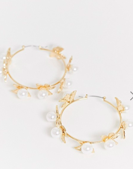 ASOS DESIGN hoop earrings with pearl set floral design in gold tone