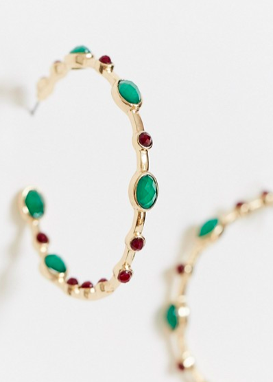 ASOS DESIGN hoop earrings with green and red stones in gold tone