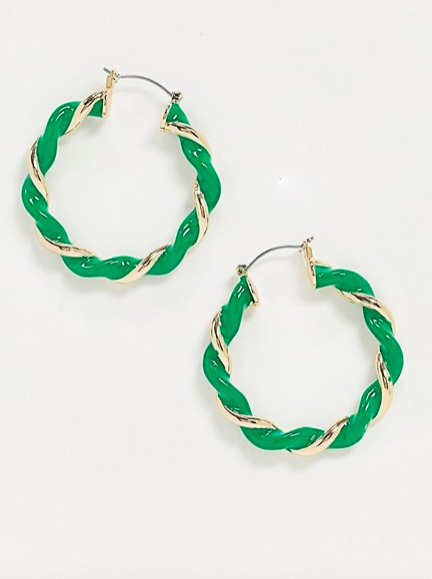 ASOS DESIGN twist hoop earrings with green in gold tone