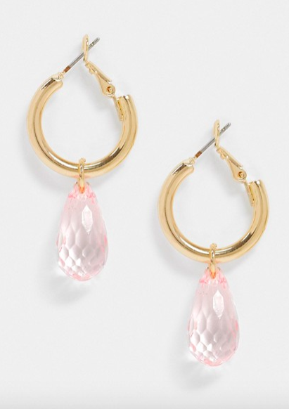 ASOS DESIGN hoop earrings with faceted pink bead drop in gold tone