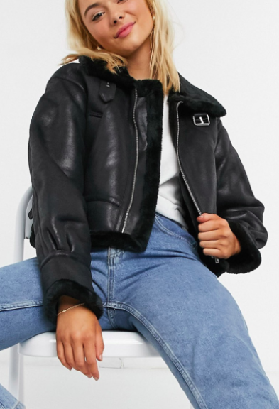 ASOS DESIGN cropped borg aviator jacket in black