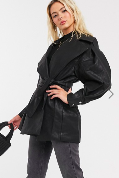 ASOS DESIGN textured belted extreme sleeve leather look jacket in black