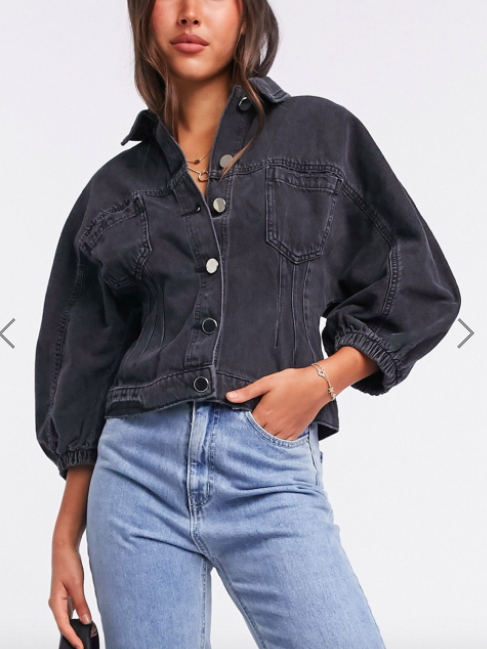 River Island cinched waist balloon sleeve denim jacket in black