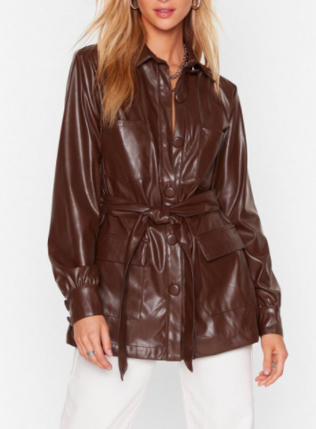 Nasty Gal Faux Leather Look Back Belted Longline Jacket