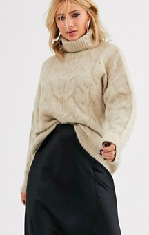 Bershka roll neck cable knitted sweater in beige