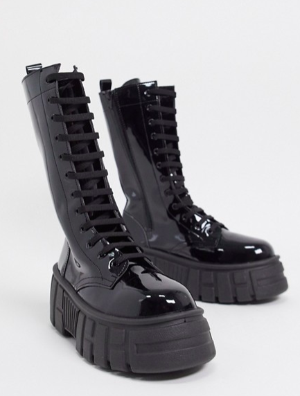 ASOS DESIGN Athens 2 chunky high lace up boots in black patent