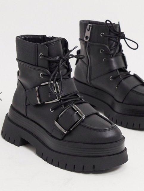 Bershka buckle detail chunky boots in black