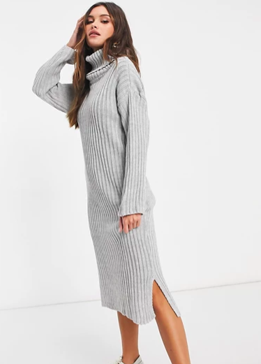 Femme Luxe knitted roll neck sweater dress in gray