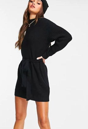 Missguided roll neck dress with belted waist in black