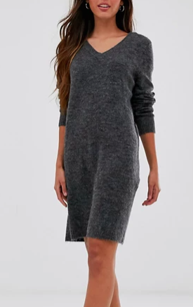 Vila sweater mini dress with v-neck in gray