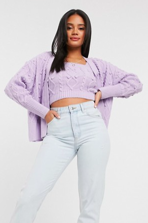 River Island cable knit bralet and cardi set in lilac