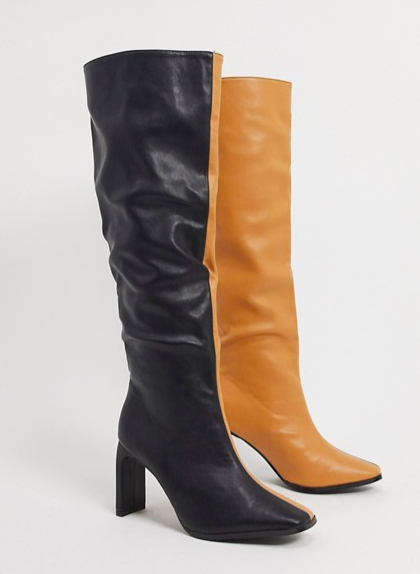 Z_Code_Z Exclusive Amari vegan square toe knee boots in black and camel mix