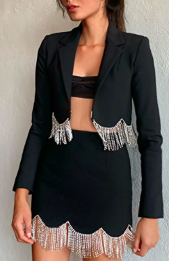 Area Cropped Blazer with Scalloped Crystal Hem  