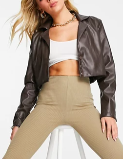 Motel cropped blazer in chocolate PU co-ord