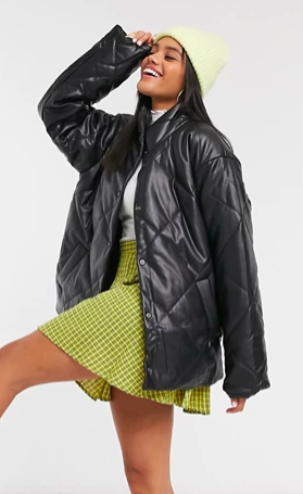 ASOS DESIGN leather look quilted wrap jacket in black