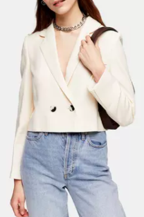 Topshop Ivory Crop Double Breasted Suit Blazer