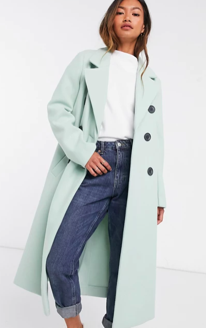 River Island puff sleeve belted coat in pistachio green