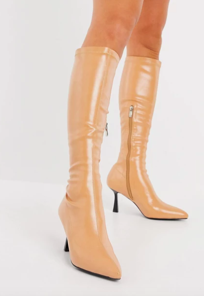 RAID Sandie knee boots with flared stiletto heel in beige