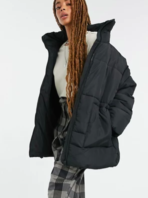 Monki Bea recycled mid length padded jacket in black