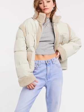 ASOS DESIGN shearling panelled puffer jacket in cream