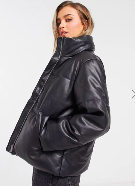 New Look faux-leather boxy puffer jacket in black