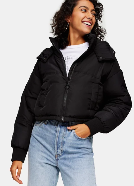Topshop cropped padded jacket with hood in black