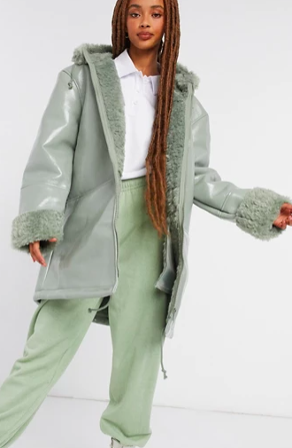 ASOS DESIGN Leather look parka with teddy fleece lining in sage