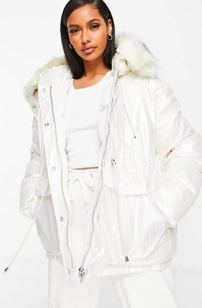 Sixth June oversized vinyl puffer jacket with faux-fur hood